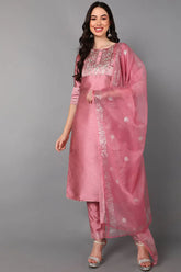 Poly Silk Embroidered Kurta Trousers Dupatta-PKSKD1432